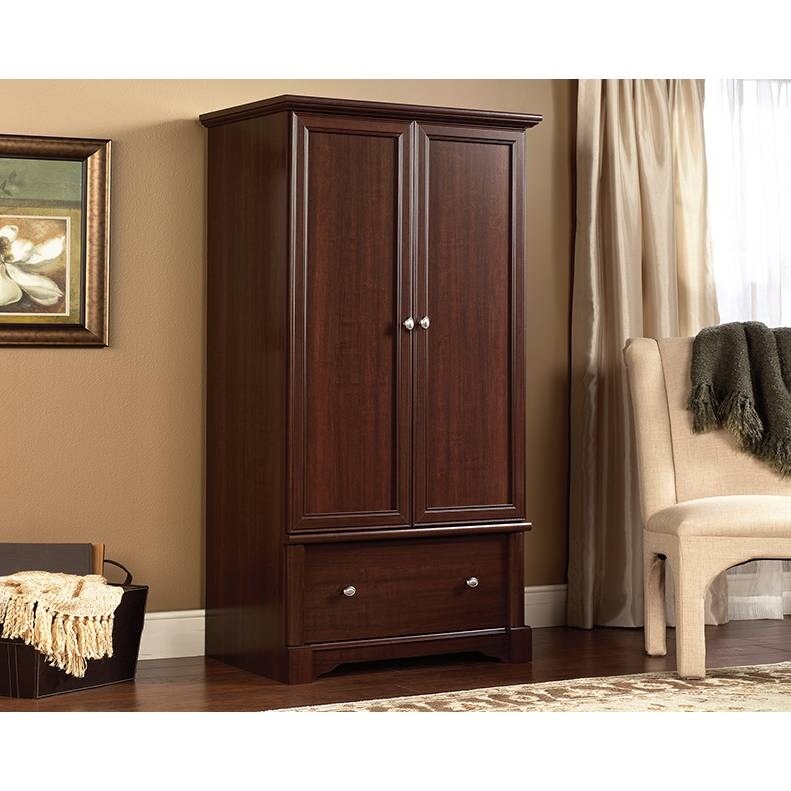 Tall Wooden Wardrobe Armoire in Rustic Cherry with Garment Rod and Drawer for Bedroom Storage