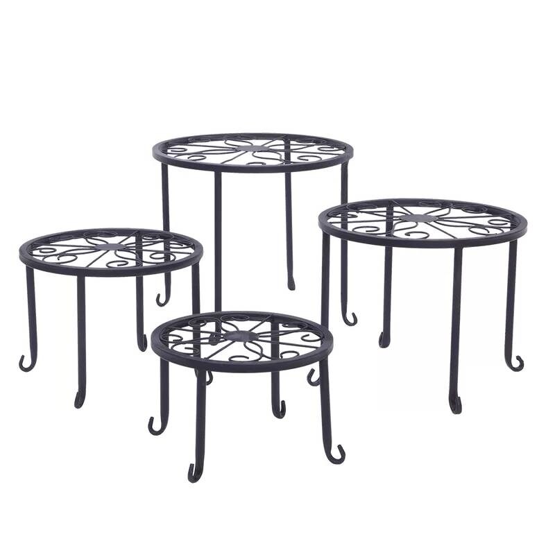 Set of 4 Metal Plant Stands with Floral Cutouts for Home and Garden