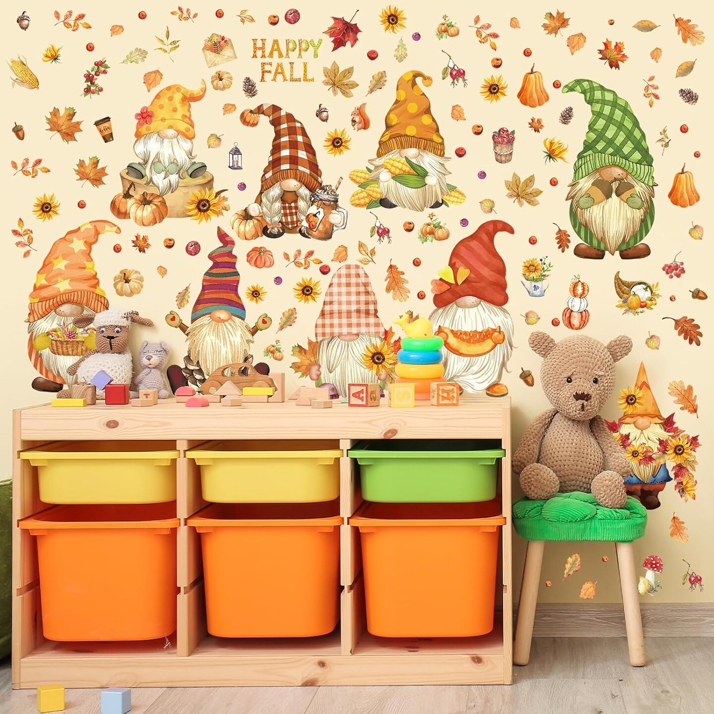 9 Sheet -Fall Wall Stickers Watercolor Gnomes Wall Art Decals Colorful Maple Leaves