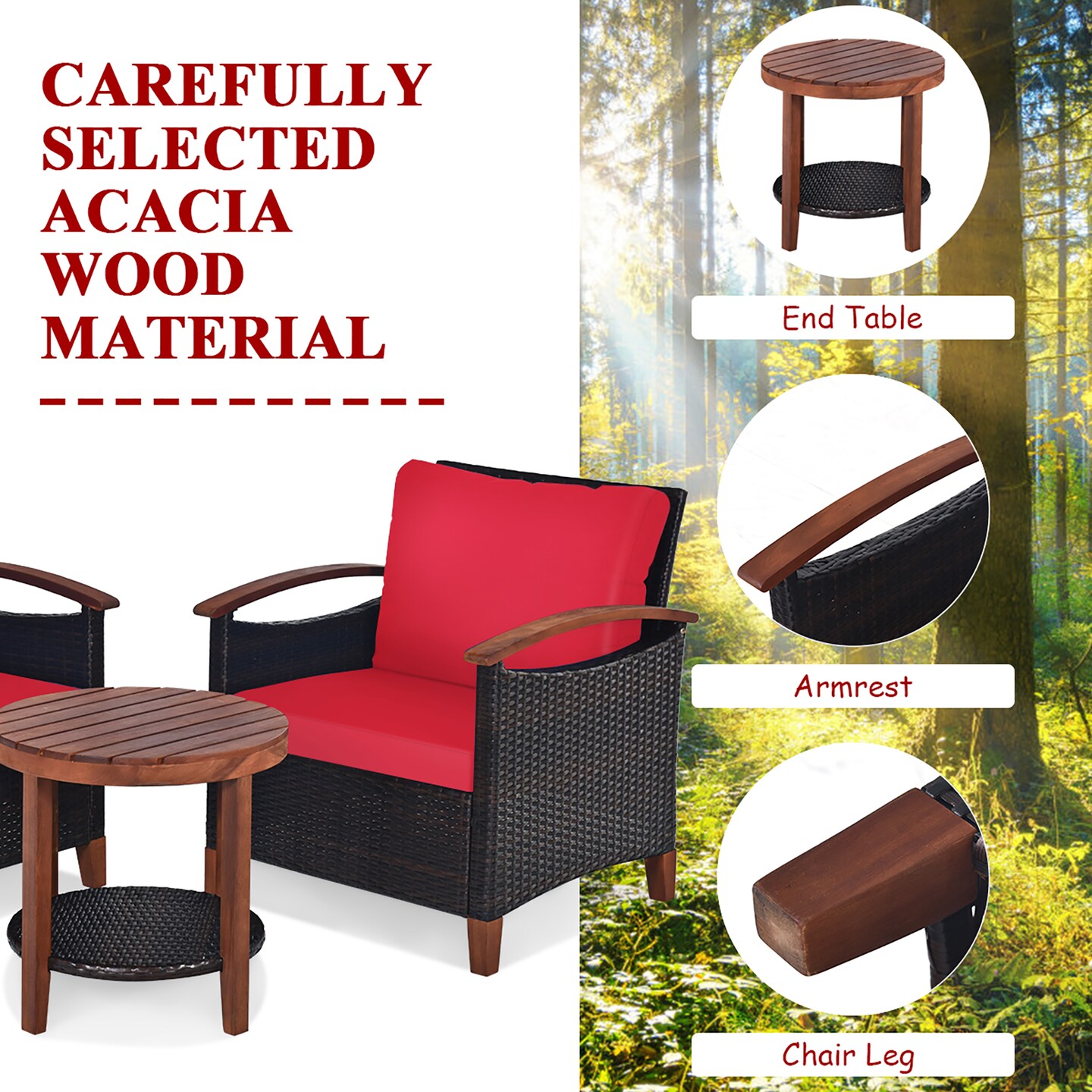 Costway 3PCS Patio Rattan Furniture Set Wooden Frame Cushion Table Shelf Red\Beige\Blue