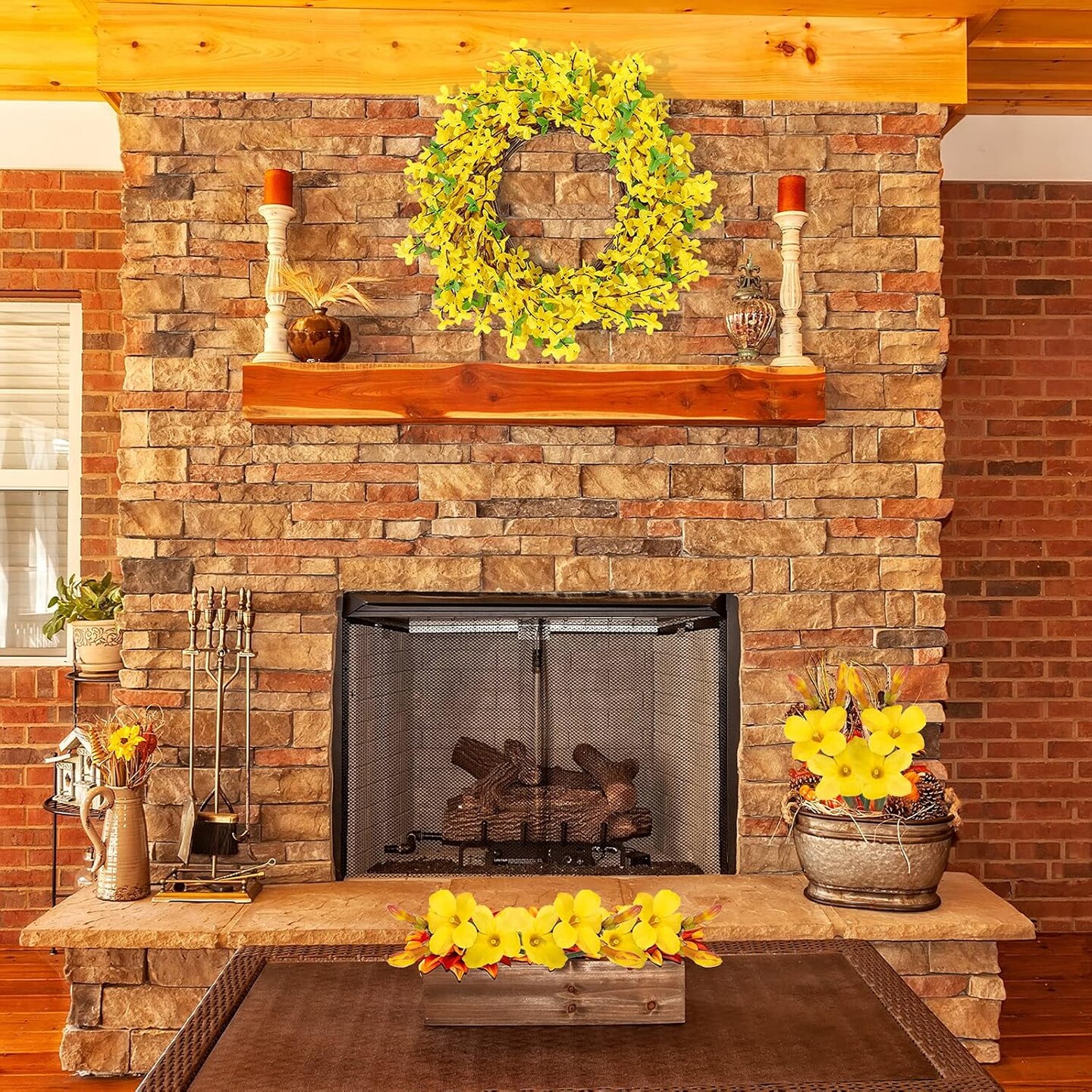 Forsythia Wreath for Front Door 18 Inch Yellow Spring Summer Artificial