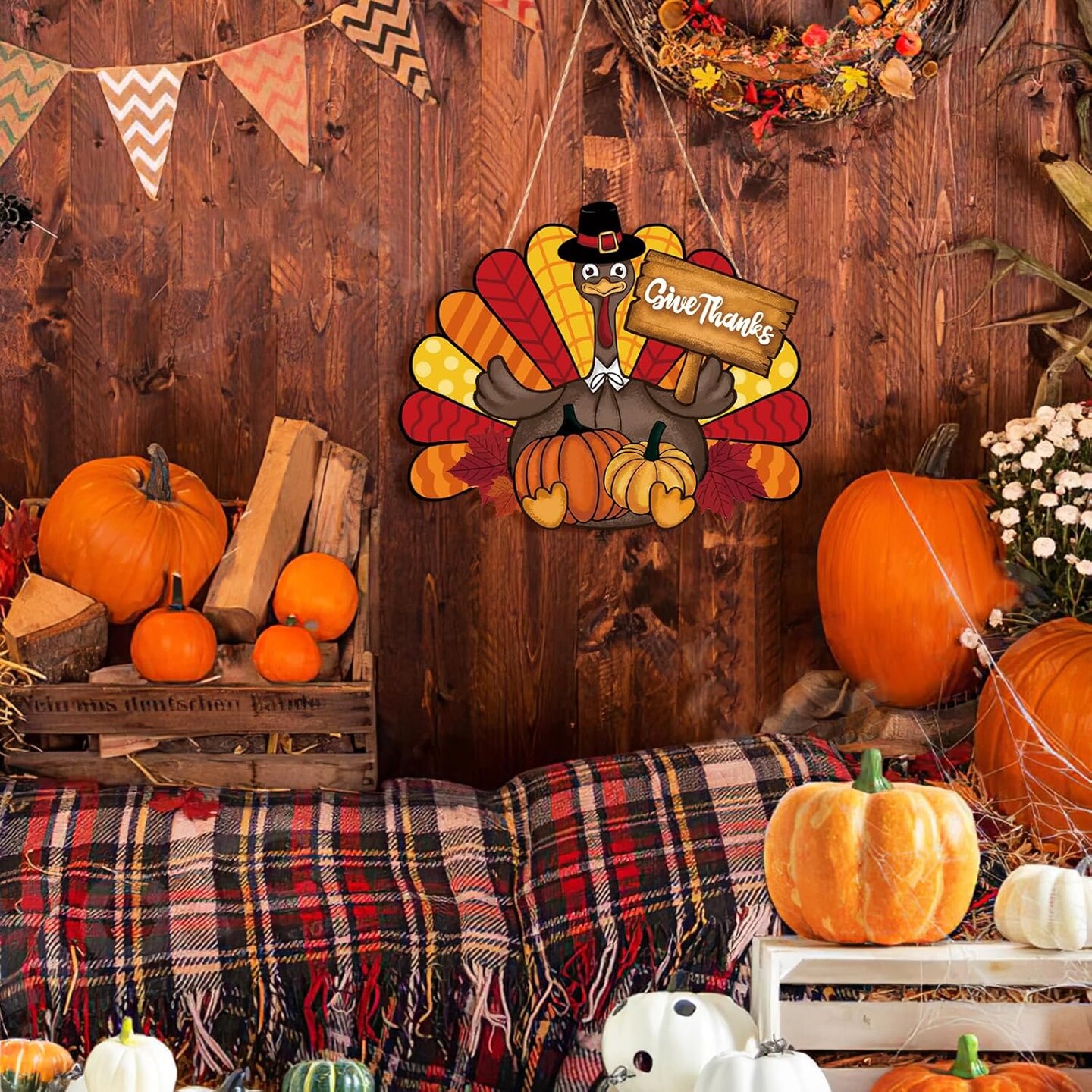 2 Pieces Thanksgiving Decoration Wooden Turkey Pumpkin Door