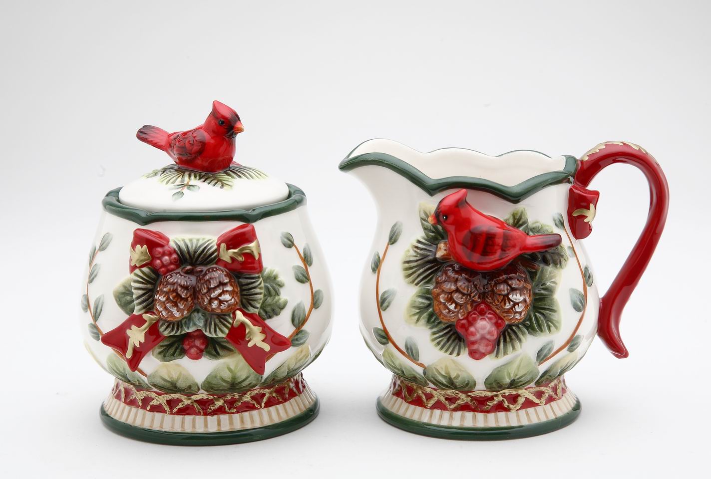 Ceramic Sugar Bowl and Creamer with Cardinals and Pine Cones, Home D&#xE9;cor, Gift for Her, Gift for Mom, Kitchen D&#xE9;cor, Christmas D&#xE9;cor