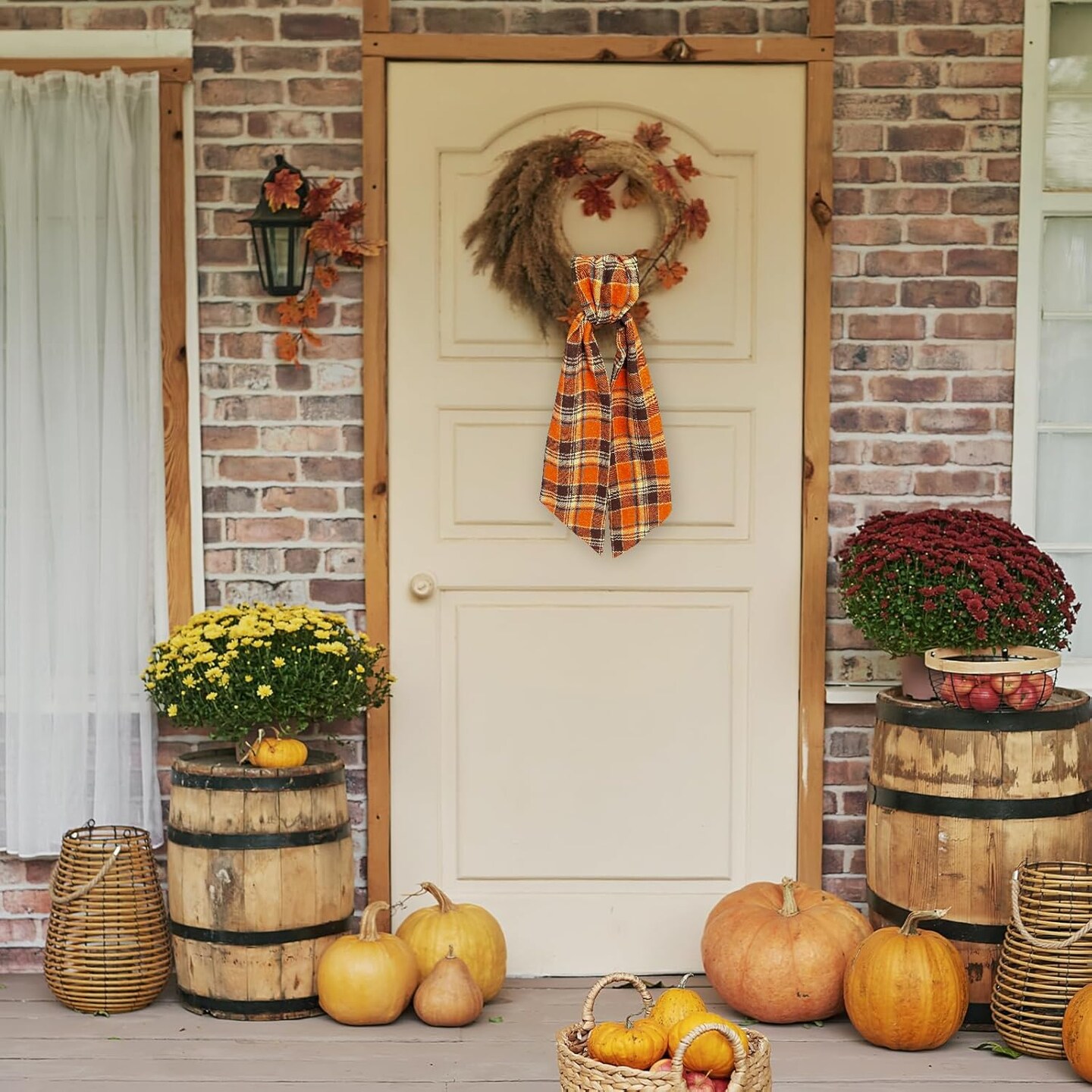 Autumn Buffalo Plaid Cotton Wreath Sash for Front Door Fall Wreaths