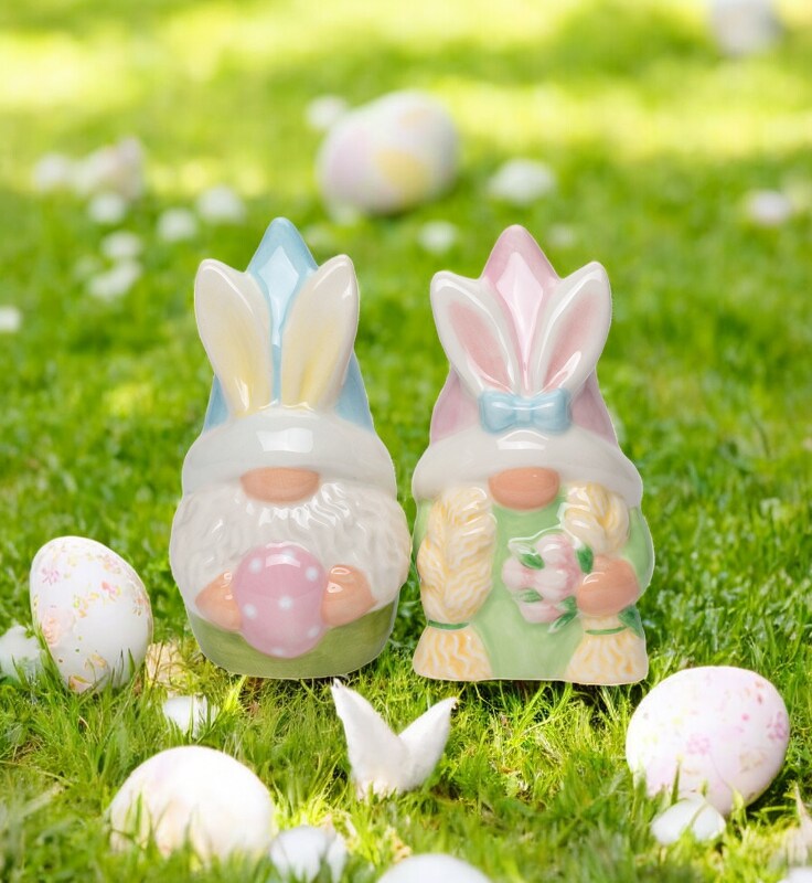 Ceramic Easter Bunny Gnome Holding Egg Salt and Pepper Shakers, Easter Decor, Fairy Garden Decor, Spring Decor, Gnome Collector Gift