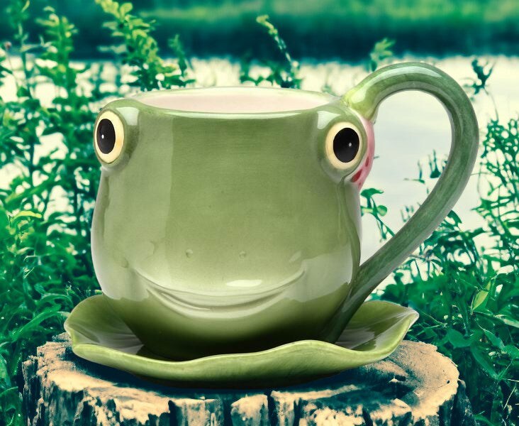 Ceramic Frog Cup and Saucer, Gift for Her, Gift for Mom, Gift for Friend or Coworker, Tea Party Décor, Café Decor, Cottagecore