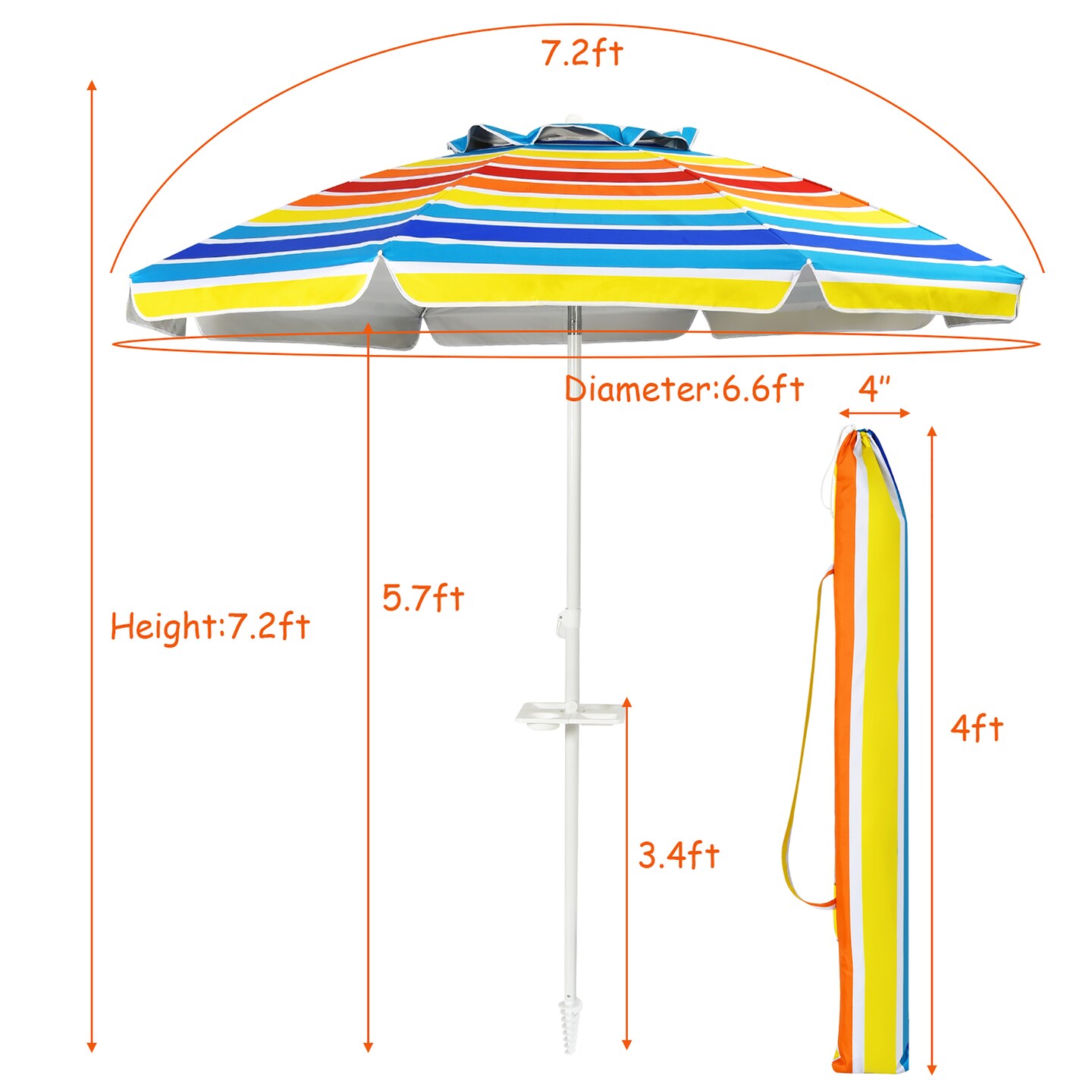 Costway 7.2 FT Portable Beach Umbrella Tilt Sand Anchor Cup Holder with Carry Bag Blue/Navy Blue/Rainbow/Green