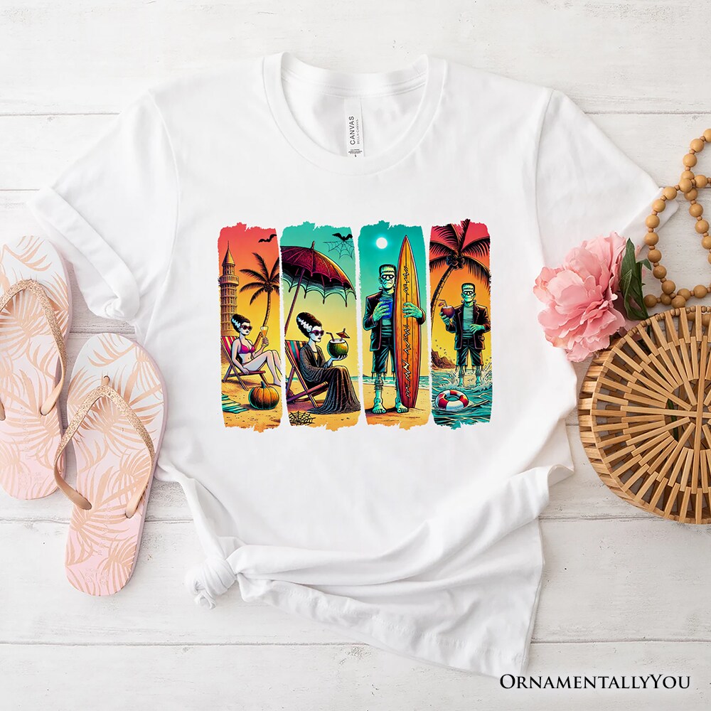 Frankenstein&#x27;s Beach Vacation T-Shirt, Retro Neon Surf Style Tee for Horror Fans with Summer Vibes