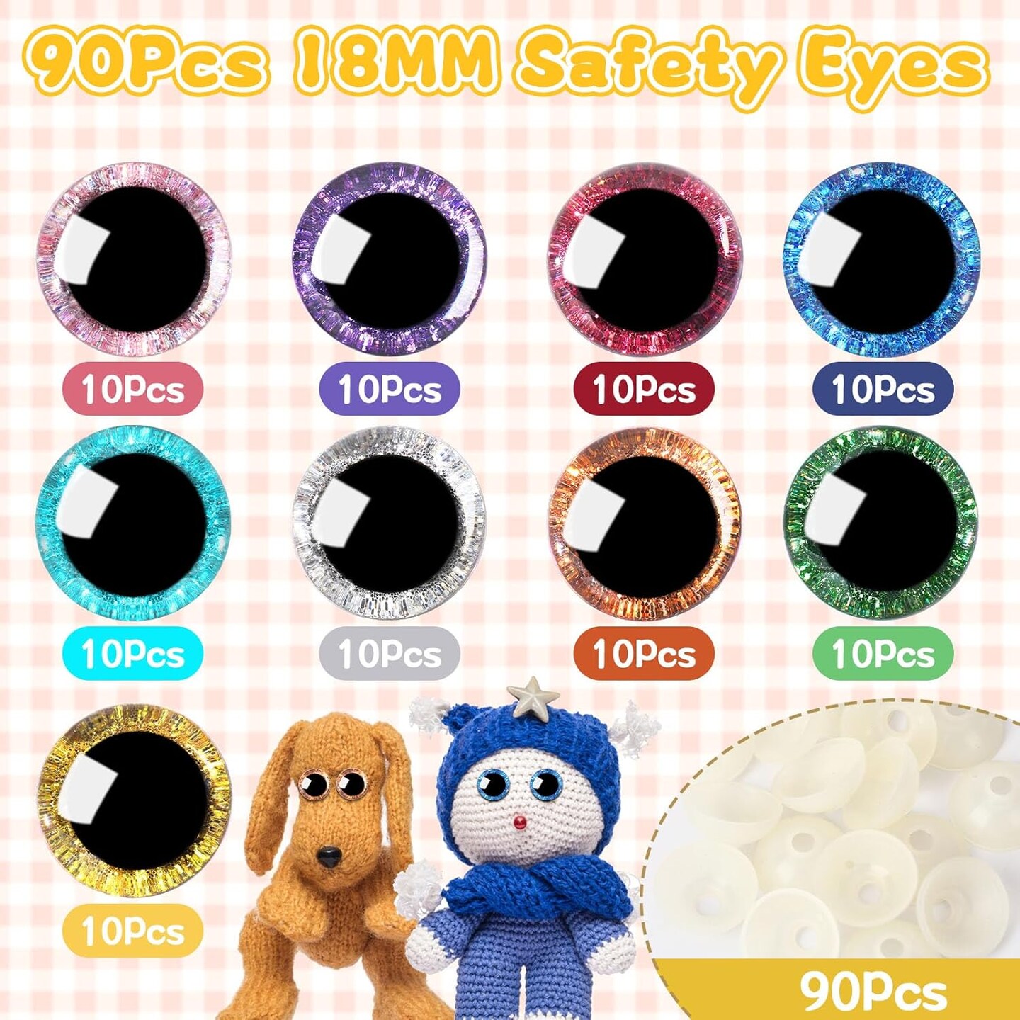 180pcs 18mm 3D Glitter Safety Eyes with Washers for Amigurumi, Crochet, Dolls & Toys (9 Colors)