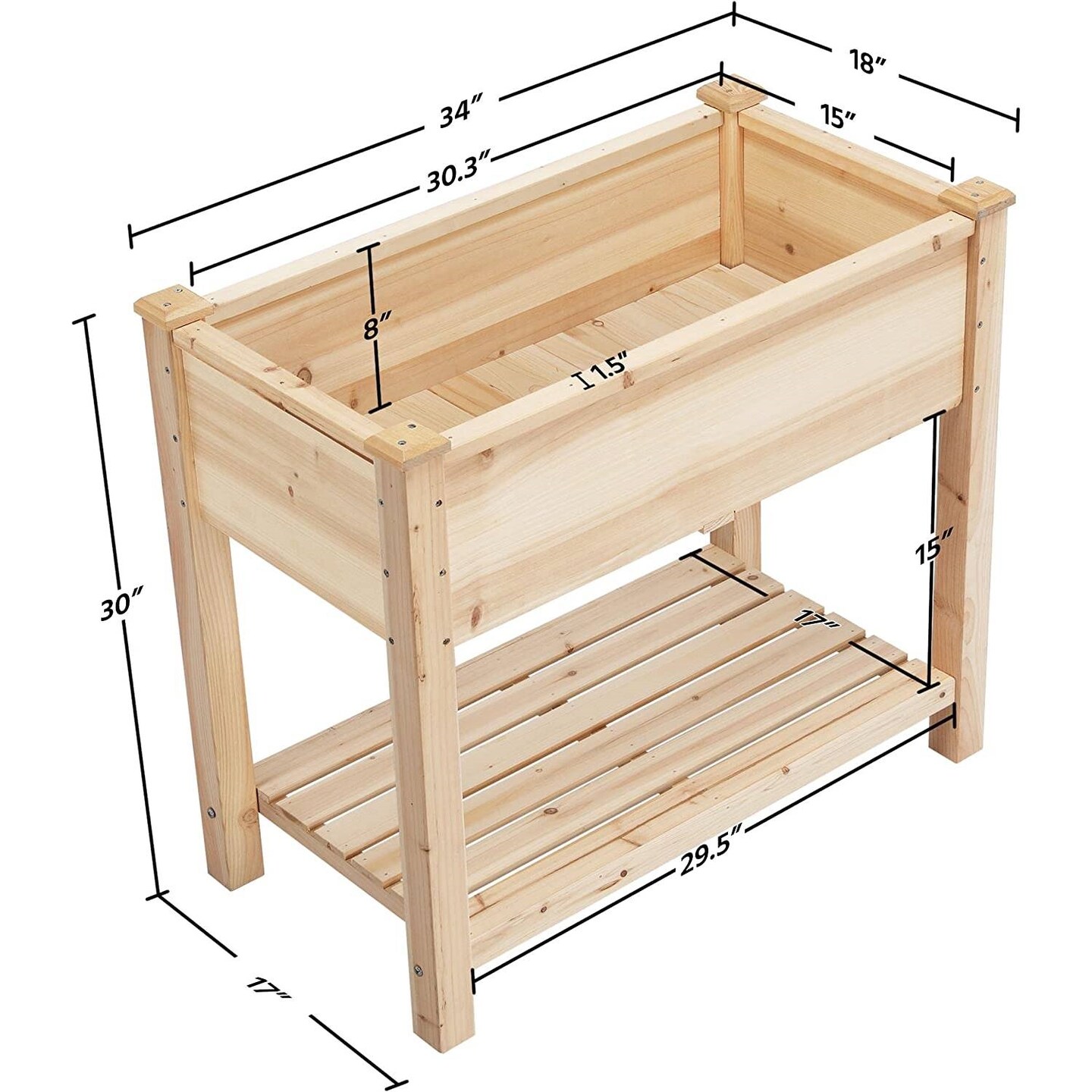 Natural Wood 2-Tier Raised Garden Bed with Storage Shelf and Drainage