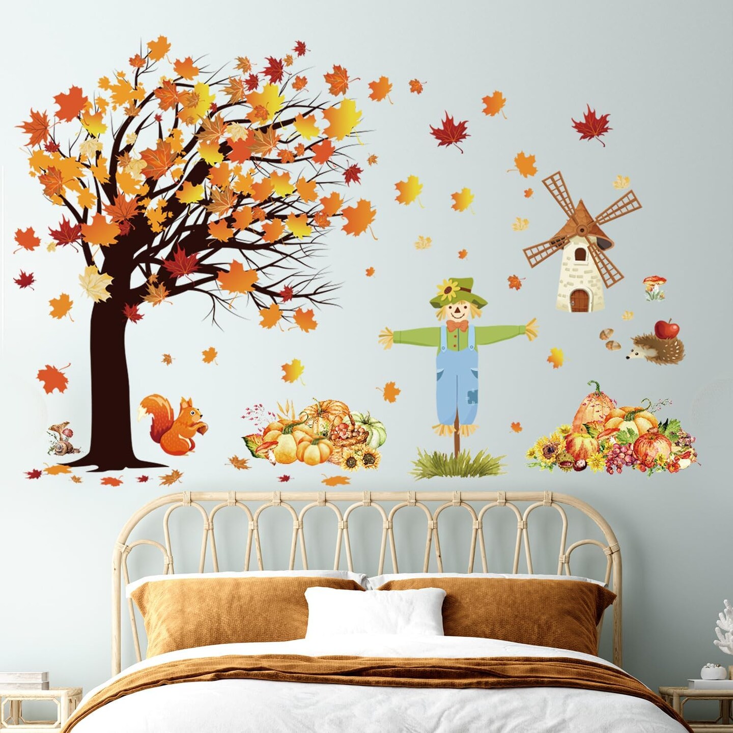 Fall Maple Leaves Wall Decals Autumn Pumpkin Scarecrow Wall Stickers