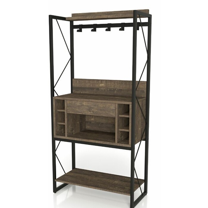 Oak Farmhouse Backer's Wine Rack with Iron Frame, Adjustable Hooks and 6 Bottle Storage