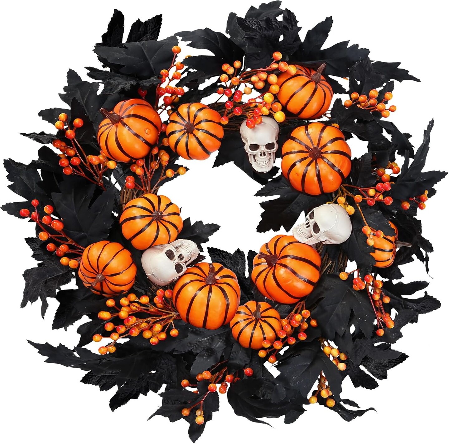 Halloween Wreath with Artificial Pumpkin Handmade Black Maple Leave Skull Pumpkin Orange Berries 20&#x27;&#x27;Front Door Decorations for Indoor Outdoor Home Halloween Festival Decoration