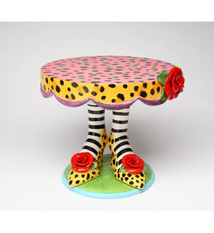 Ceramic Large Cake Stand - Leopard Print Heels with Red Rose Flowers, Kitchen Decor, Cafe Decor, Birthday Party Decor, Wedding Decor