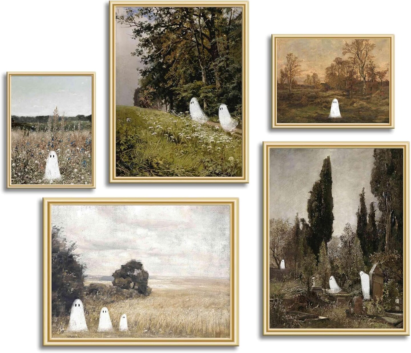 Vintage Landscape Gallery Wall Art – 5-Piece Country Landscape Canvas Print Set with Funny Ghost, Farmhouse Halloween Decoration, Natural Room Aesthetic, Unframed