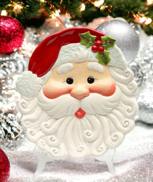 Christmas Hand Painted Ceramic Santa Claus Decor Plate, Home D&#xE9;cor, Gift for Her, Gift for Mom, Kitchen D&#xE9;cor, Christmas D&#xE9;cor