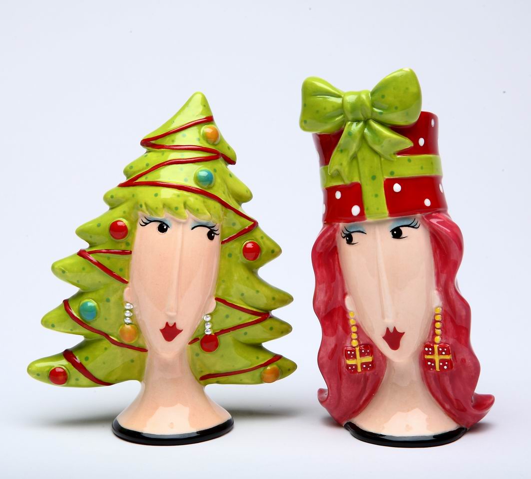 Ceramic Lady Wigs Christmas Tree And Gift Salt & Pepper Shakers, Gift for Her or Mom, Gift for Friend, Gift for Coworker, Kitchen Décor