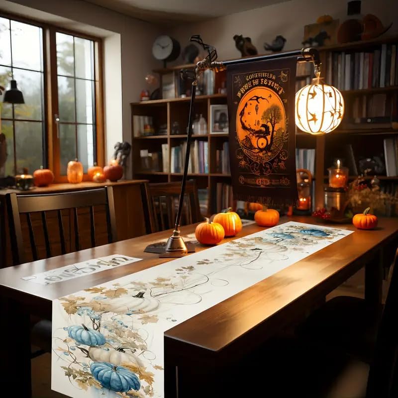 Linen Halloween Pumpkin Table Runner – Seasonal Fall Vine Harvest Dining & Kitchen Décor, 13 x 72 Inch