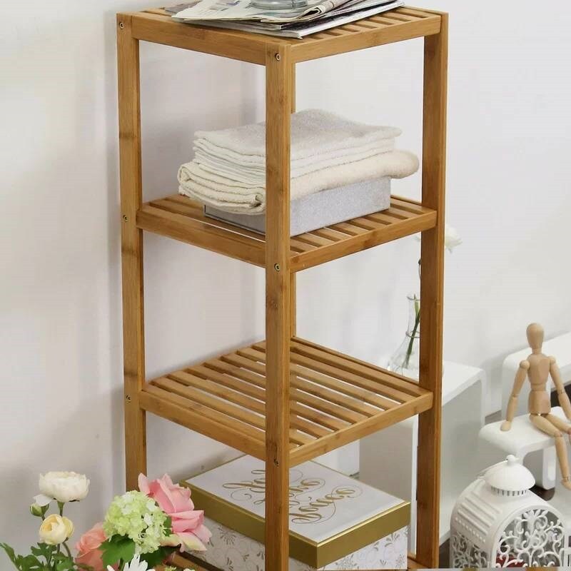 Solid Wood 4-Tier Bathroom Shelf with Natural Wicker Drawer Freestanding Storage Organizer for Towels, Toiletries & Decor