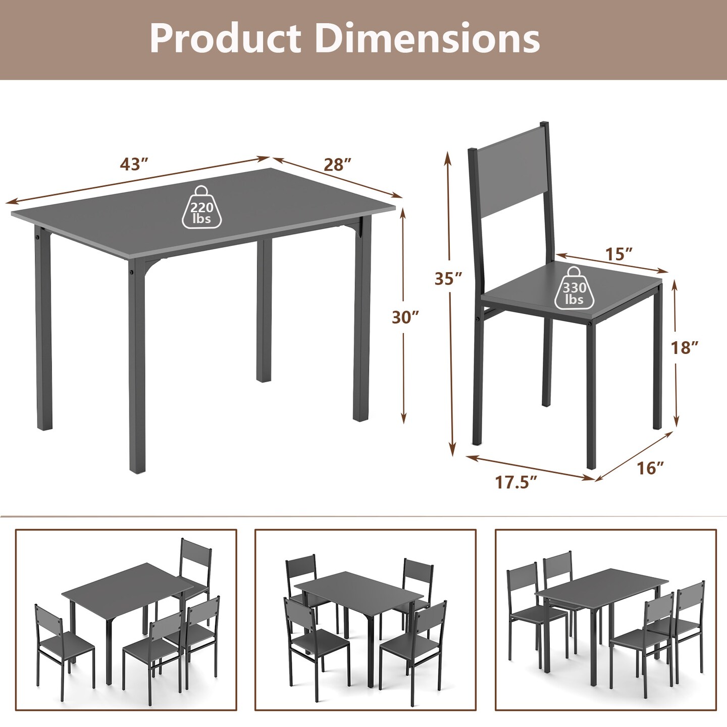 Costway 5 PCS Dining Table Set Industrial Style Kitchen Table &#x26; Chairs for 4 Gray/Brown/Dark Brown