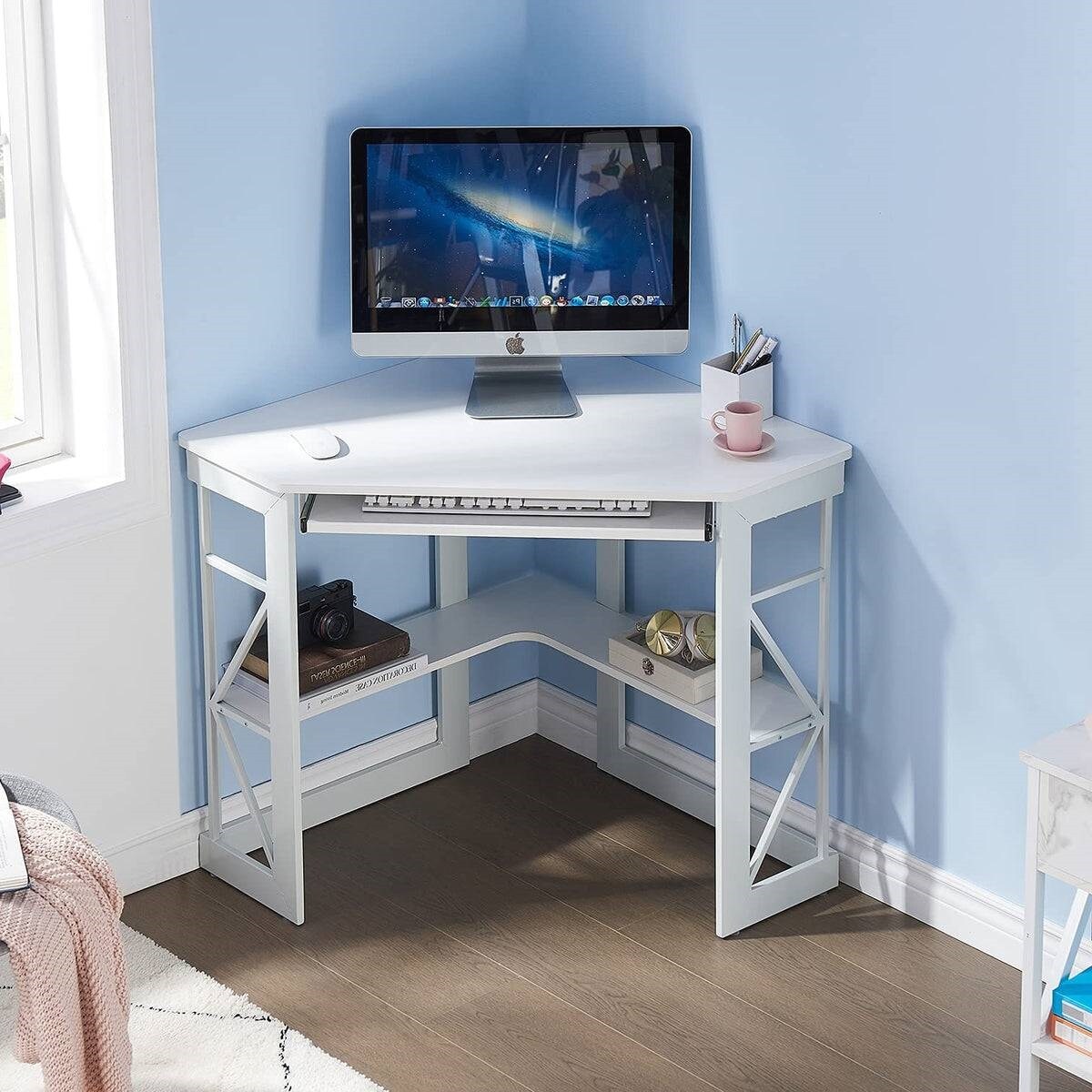 White Engineered Wood Corner Computer Desk with Shelves and Keyboard Tray