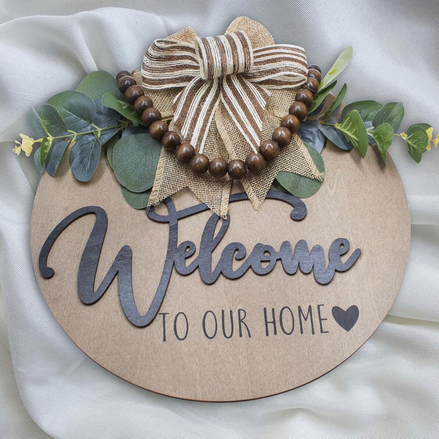 3D Welcome Sign for Front Door | Home/Farmhouse Porch D&#xE9;cor Wooden Hanging Sign with Artificial Leaves and Rustic Beads | Christmas Classroom |12&#x22; Round