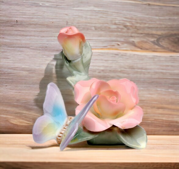 Ceramic Butterfly With Rose Figurine, Home Décor, Gift for Her, Gift for Mom, Nature Lover Décor, Cottagecore