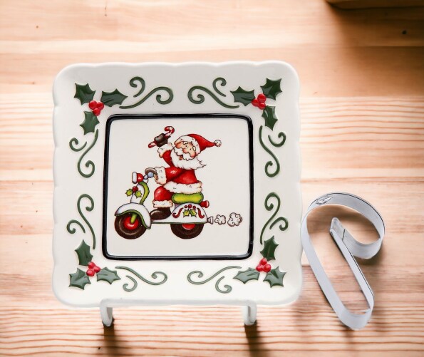 Ceramic Santa With Scooter Plate And Candy Cane Cookie Cutter, Home Décor, Gift for Her, Gift for Mom, Kitchen Décor, Christmas Décor