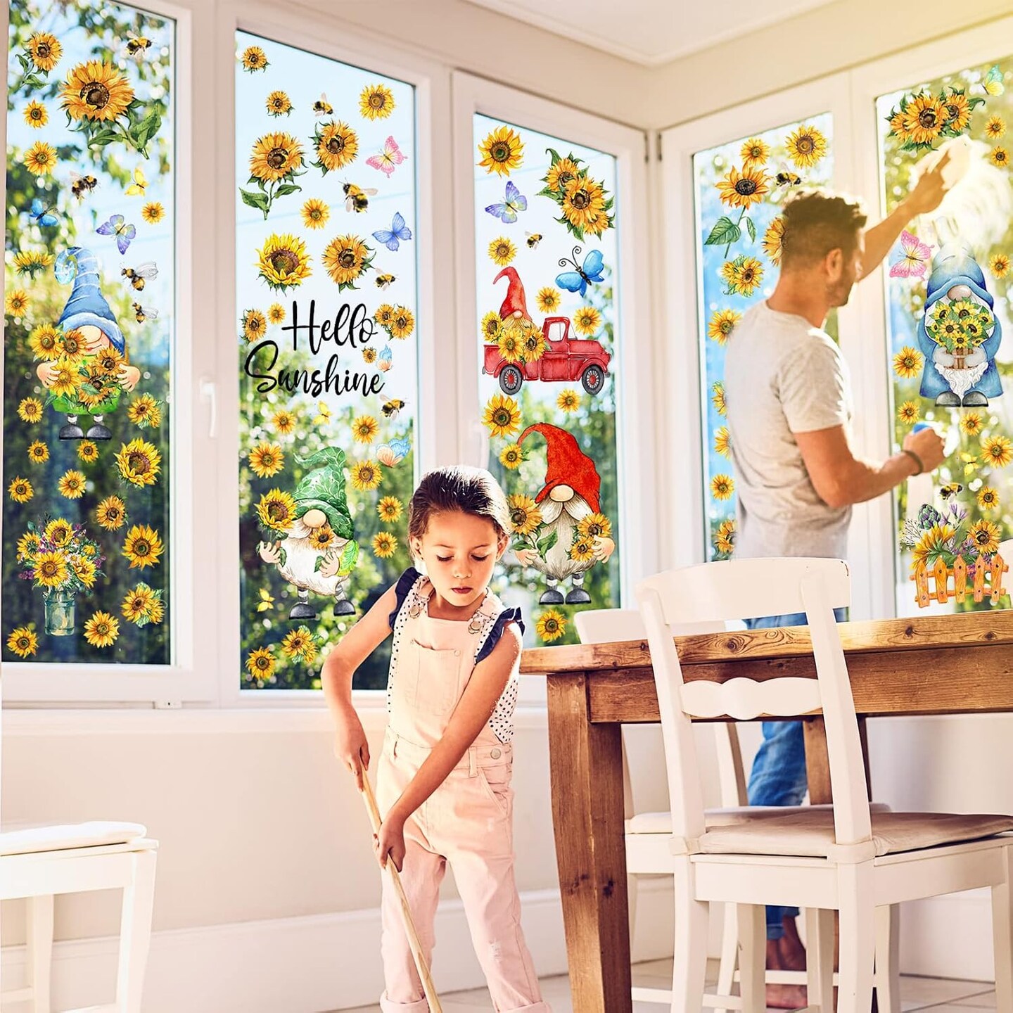 122 Pcs 6 Sheets Summer Wall Stickers Window Clings Gnome Sunflower Wall Decals