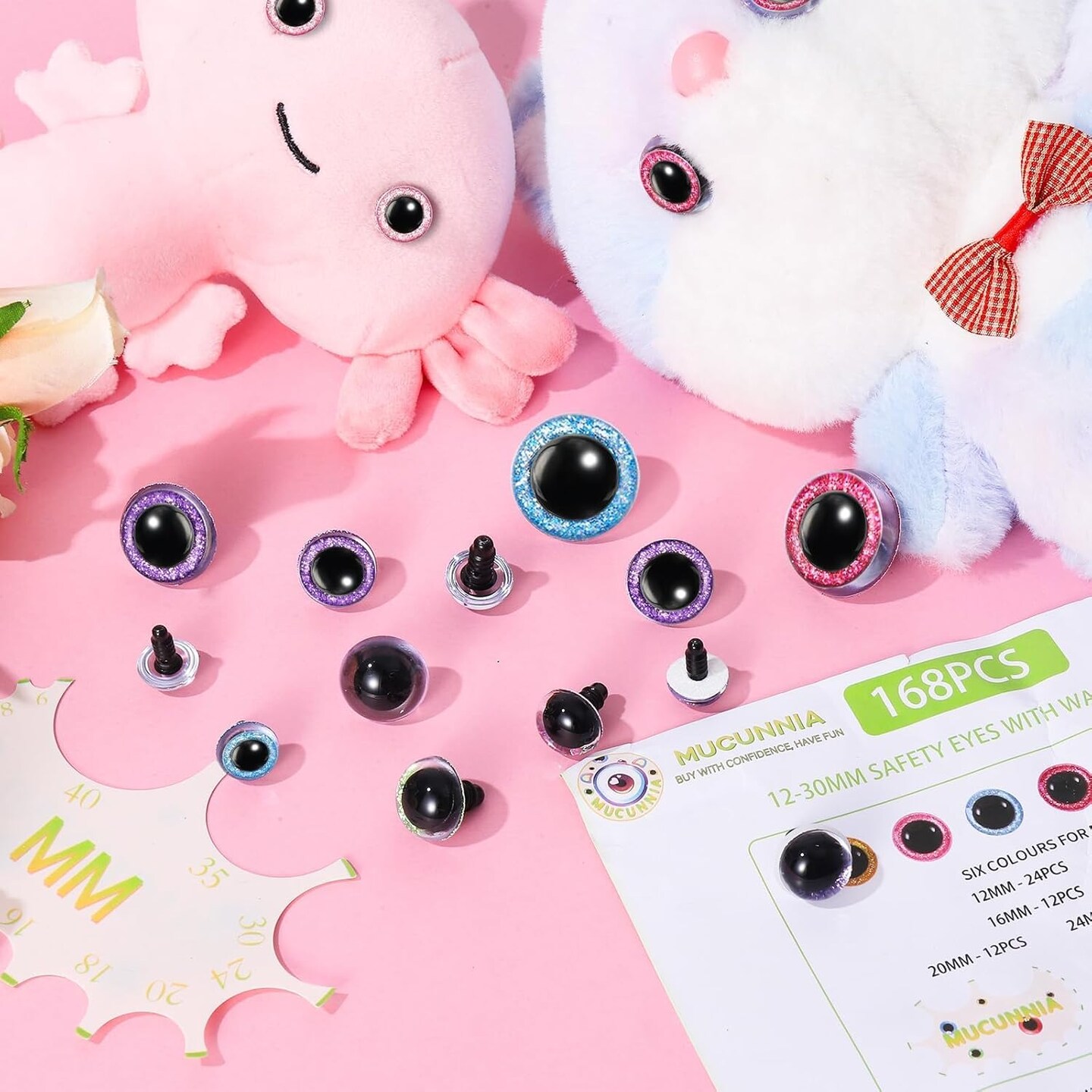 168pcs Upgraded Glitter Safety Eyes with Washers – 12–30mm Crochet Craft Eyes for Amigurumi, Dolls, Stuffed Animals & DIY Projects with Size Tool and Instructions