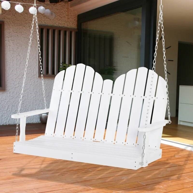 White Solid Wood 2-Seater Hanging Porch Swing for Outdoor Relaxation
