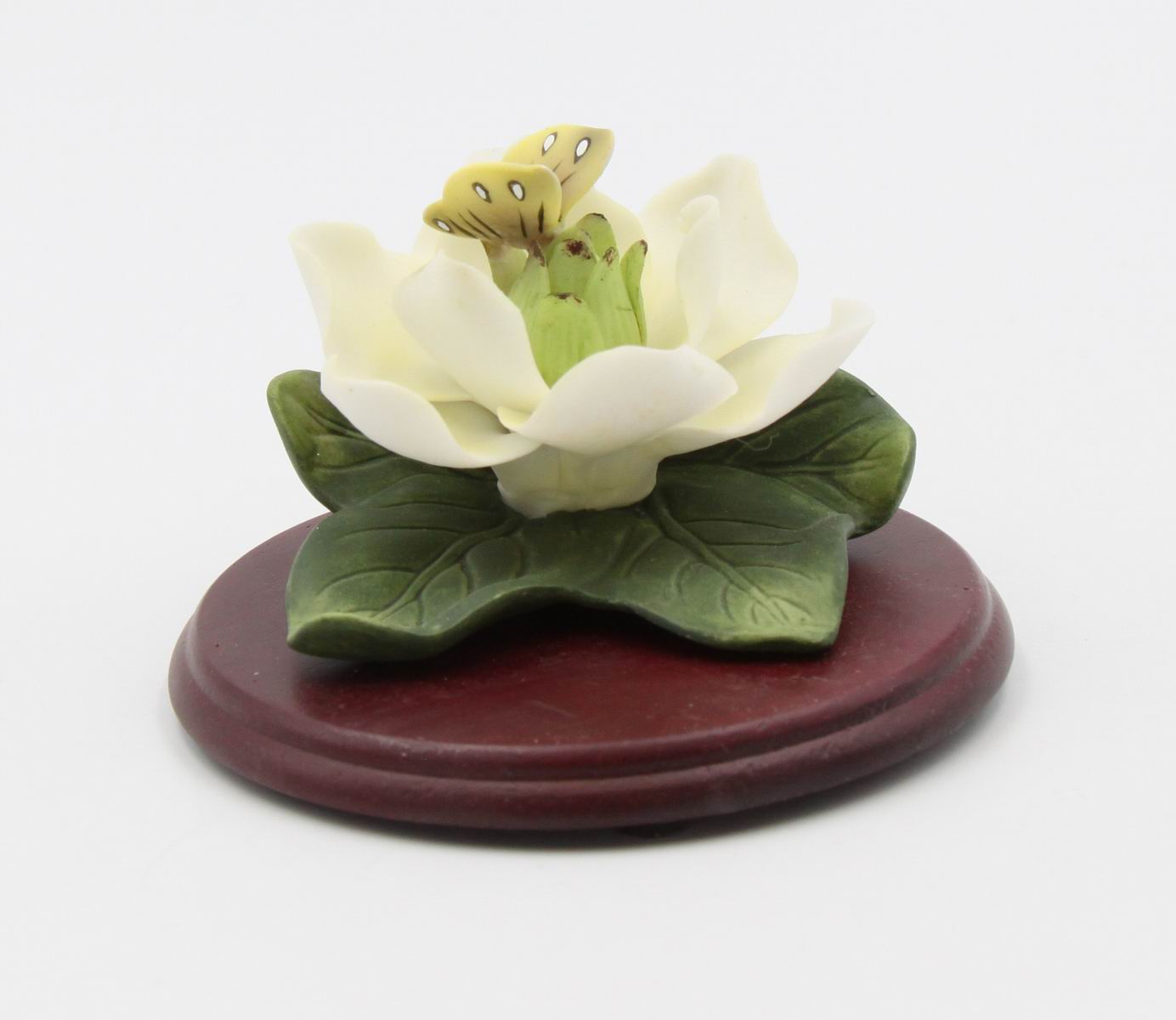 Ceramic Magnolia Flower with Butterfly on Wooden Base, Home Décor, Gift for Her, Gift for Mom