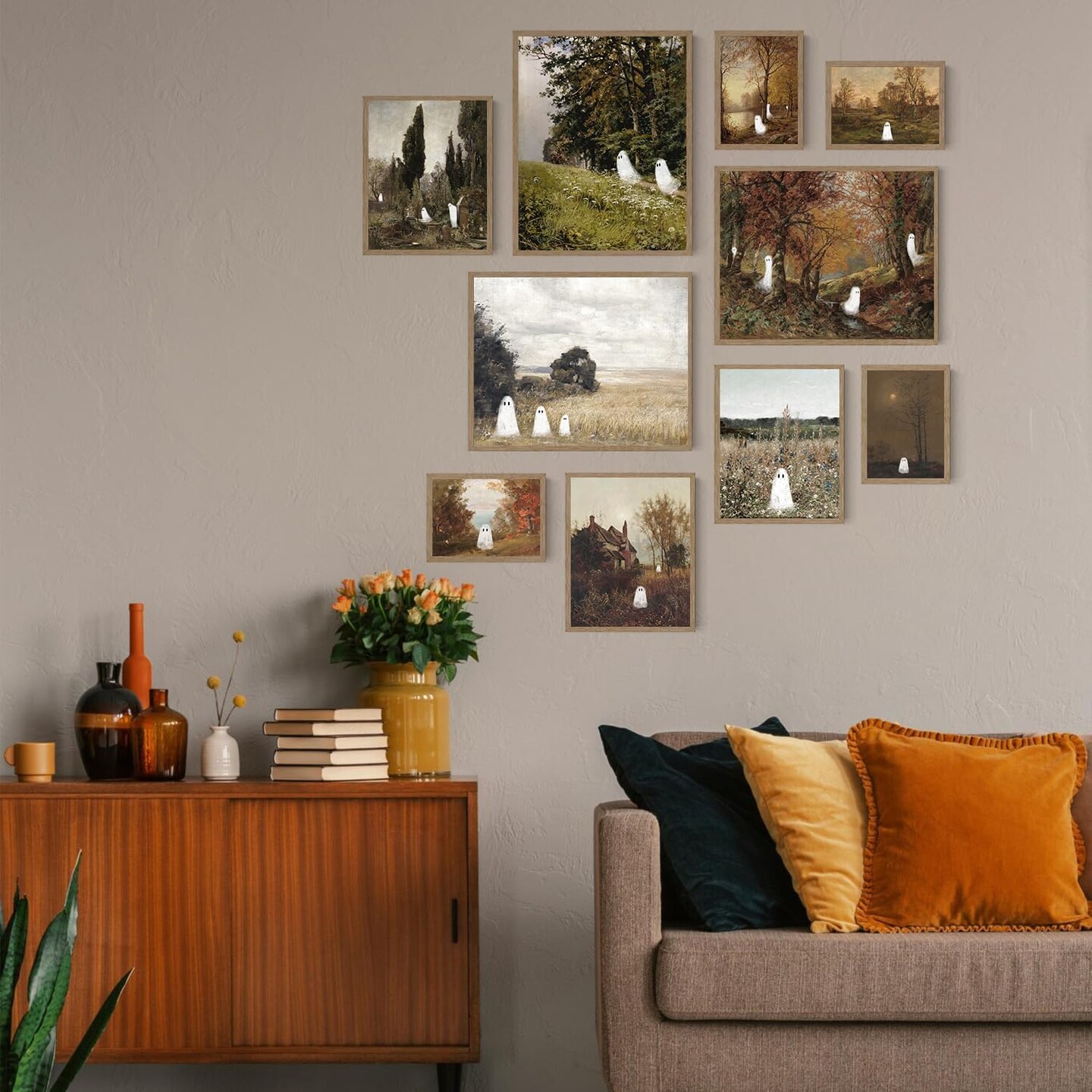 Vintage Ghost Halloween Wall Art – Retro Spooky Fall Canvas Prints, Farmhouse Aesthetic Posters for Home, Bedroom & Living Room Decor (Unframed)