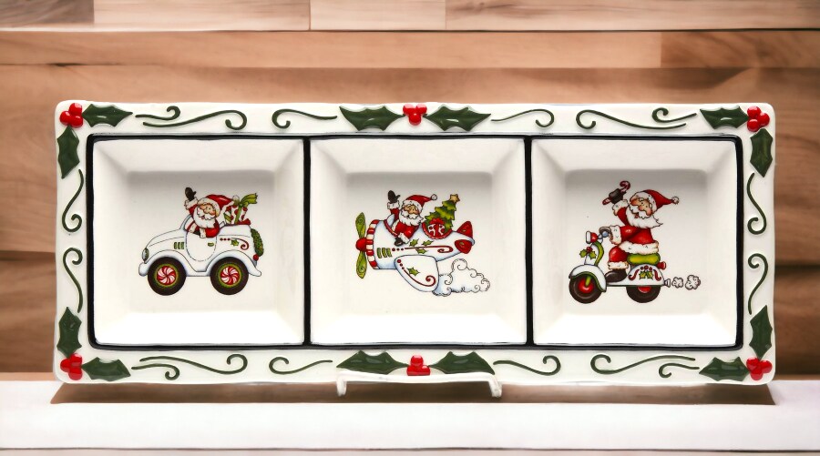 Ceramic Santa Claus 3 Section Plate, Home Décor, Gift for Her, Gift for Mom, Kitchen Décor, Christmas Décor