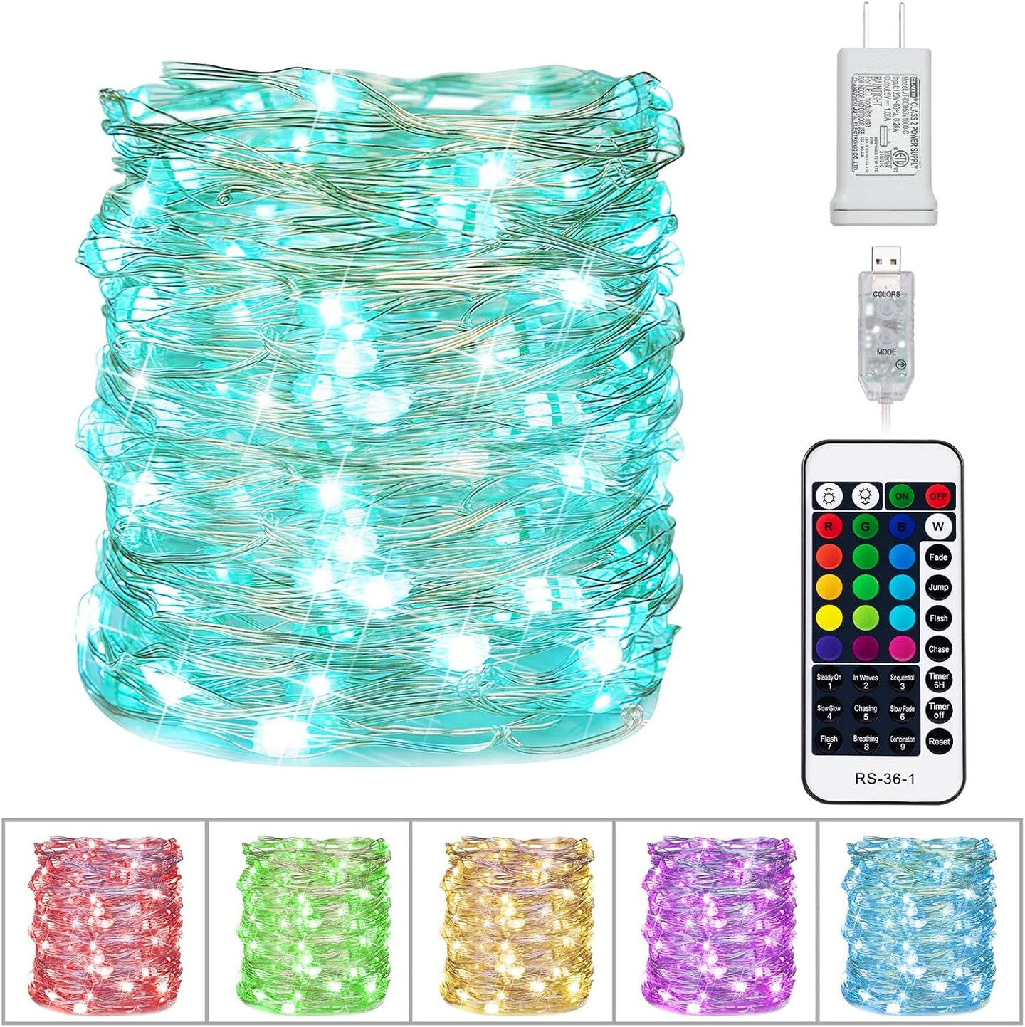 33FT 100 LED Color-Changing Fairy String Lights – USB & Adapter Powered, Silver Wire, 16 Colors with Remote & Timer, Waterproof Indoor/Outdoor Lights for Bedroom, Party, Christmas Décor