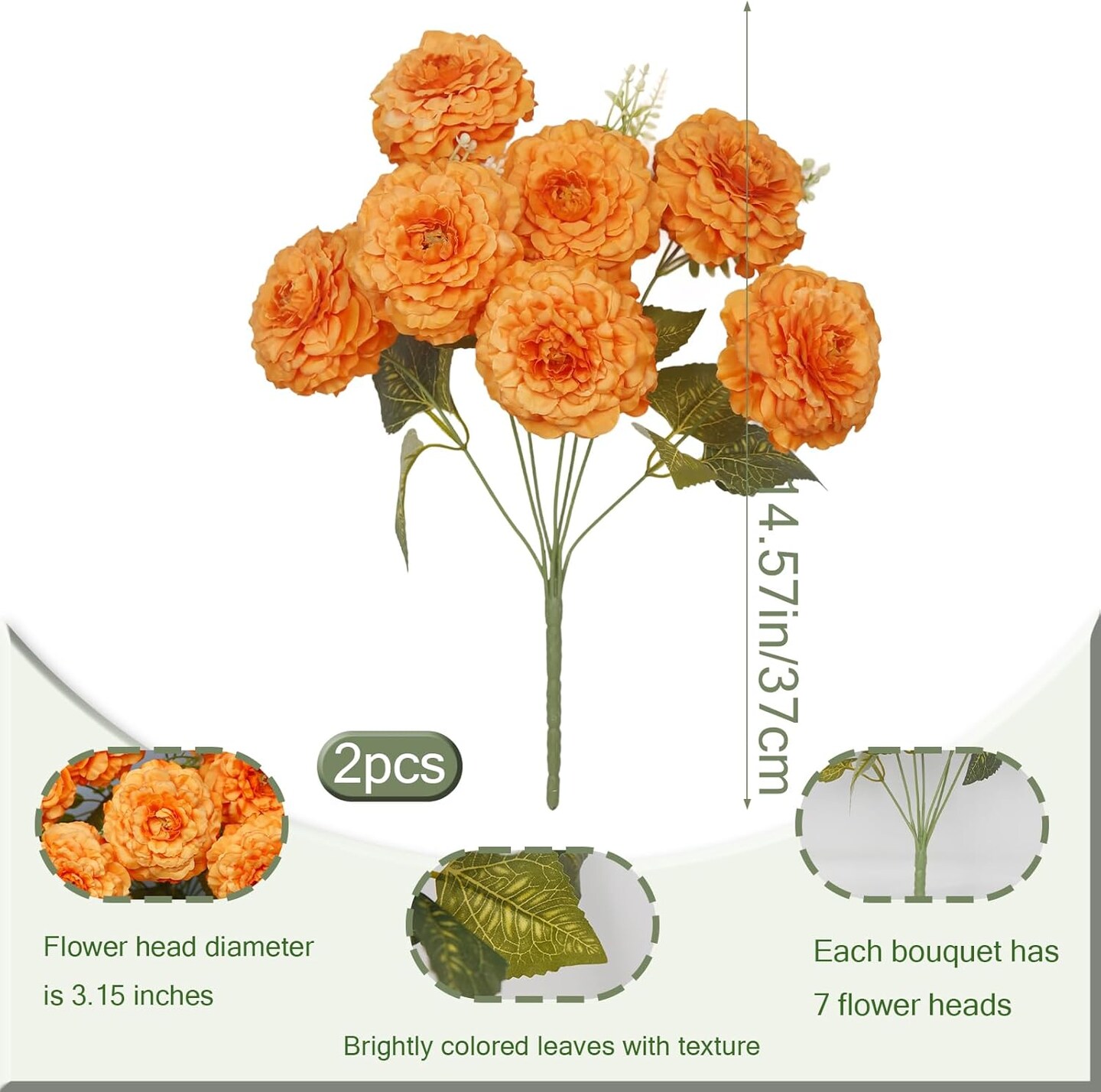 2 Pcs Artificial Zinnias Flowers with Stems - Orange