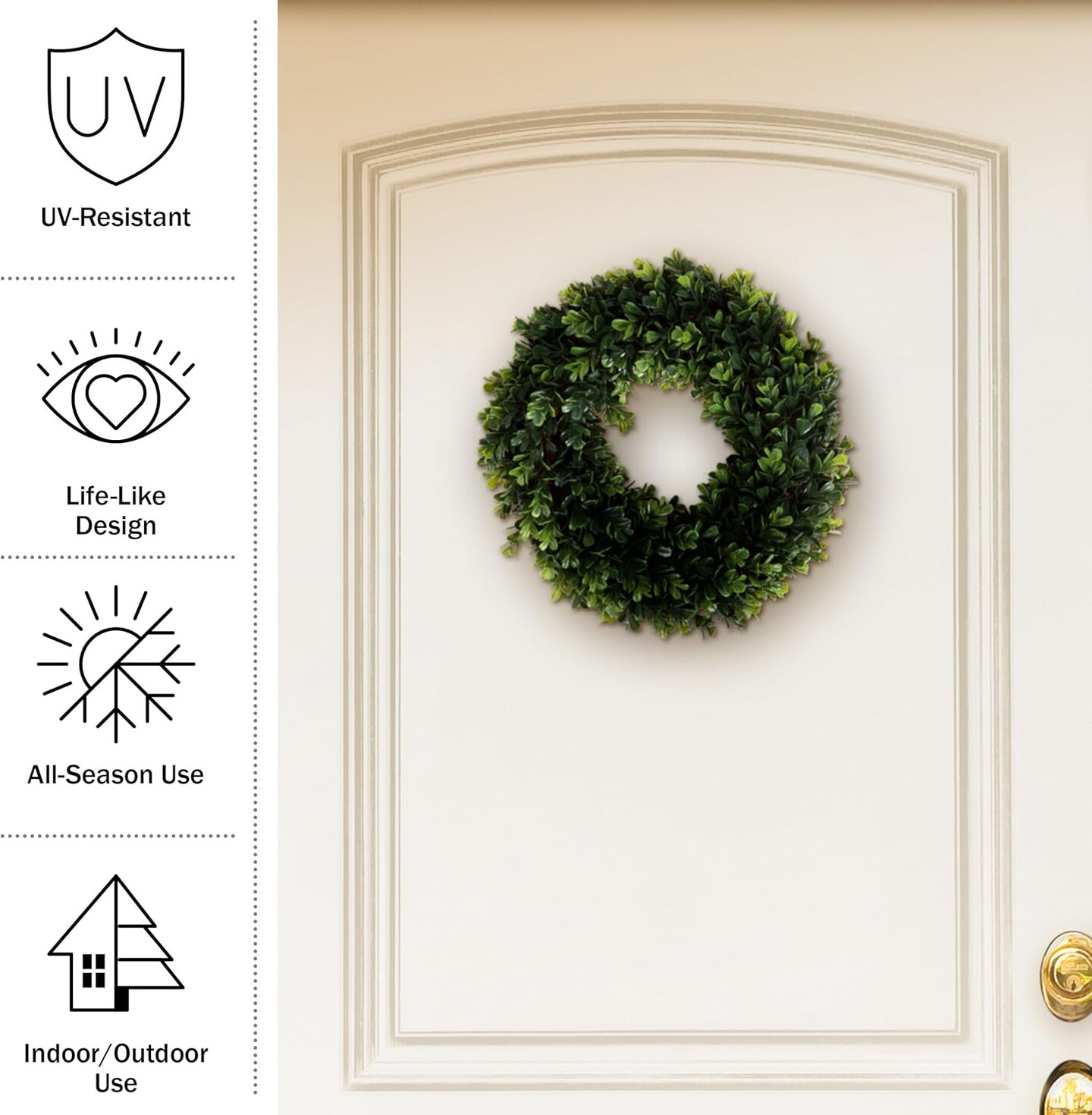 12-Inch Boxwood Wreath - Round UV Resistant Artificial Spring, Summer, Fall, or Winter Wreath - Indoor/Outdoor Wreaths for Front Door