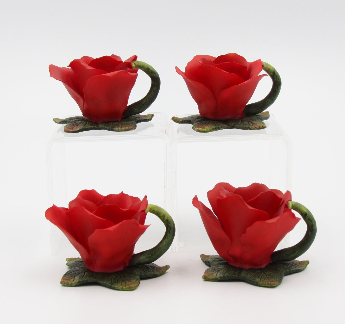 Set of 4 Ceramic Red Rose Flower Candle Holders, Home Décor, Gift for Her, Gift for Mom, Nature Lover Gift, Vintage Decor