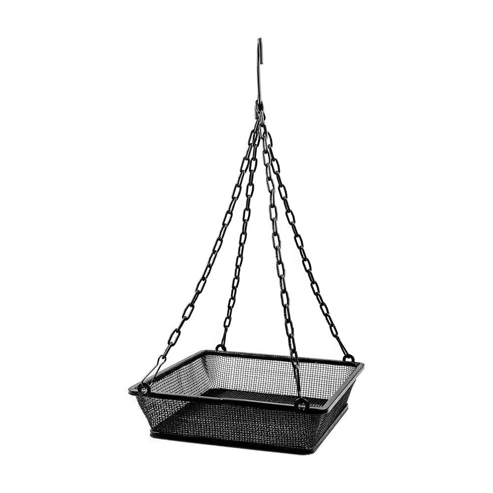 Black Iron Mesh Weatherproof Hanging Bird Feeder Tray with Chain and Perch