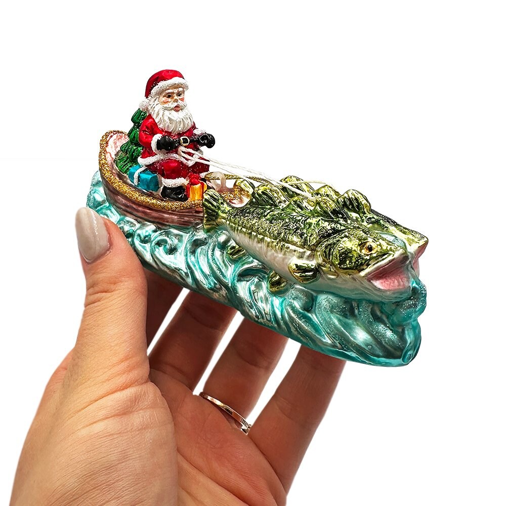 Santa&#x27;s Fishing Adventure Glass Christmas Ornament, Holiday Angler Fish in Sleigh