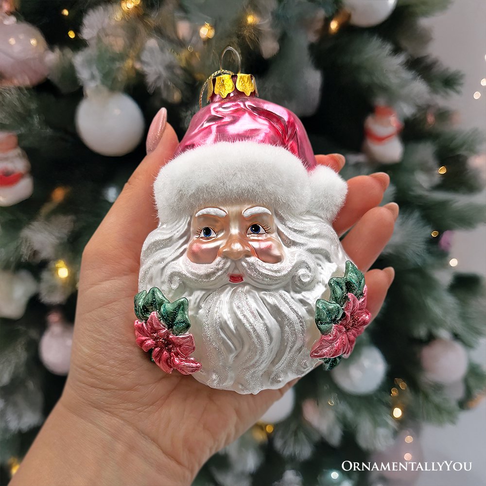 Enchanting Pink Santa Head Glass Ornament, Vintage Christmas Tree Decor