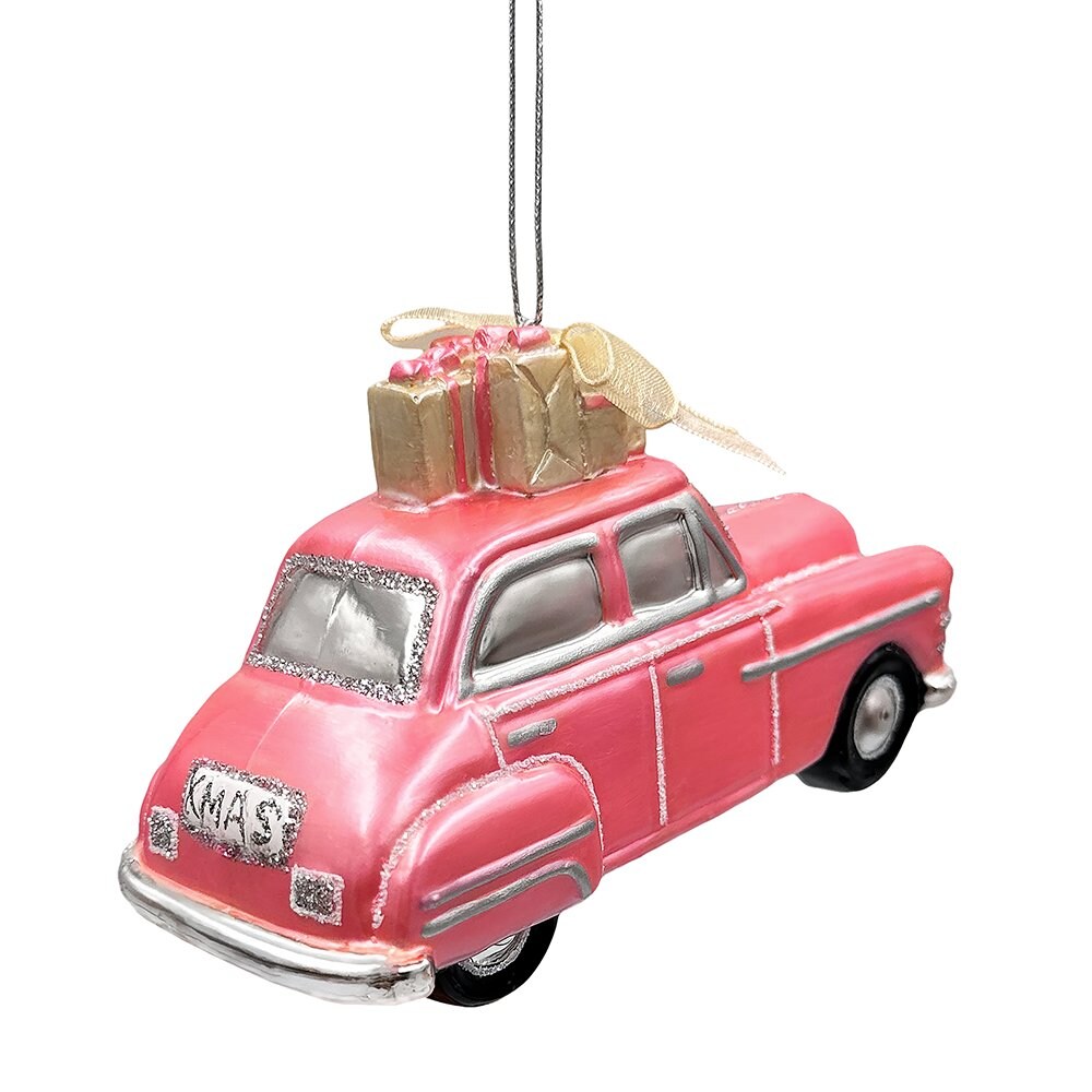 Nostalgic Pink Car Glass Christmas Ornament, Vintage Classic Tree Decor