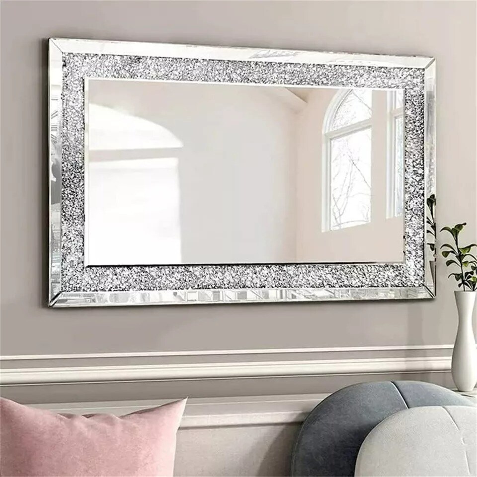 120cm Long Mirror Rectangle Silver Sparkly Crush Diamond Wall Mounted Home Décor
