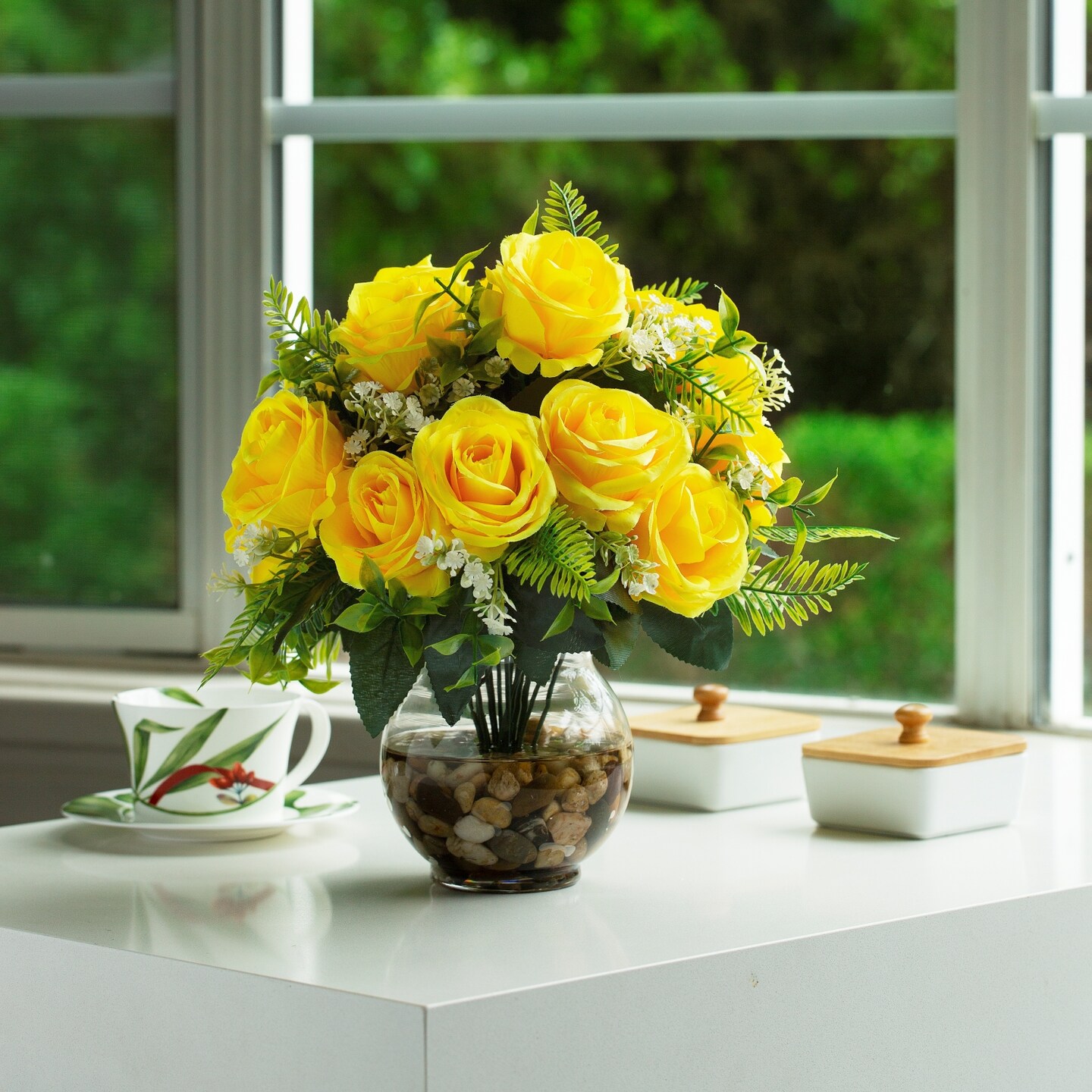 18 Heads Silk Rose Artificial Flowers in Vase,Faux Rose Flowers Arrangement in Round Bowl Vase with Faux Water and River Rock for Table Deco - image15