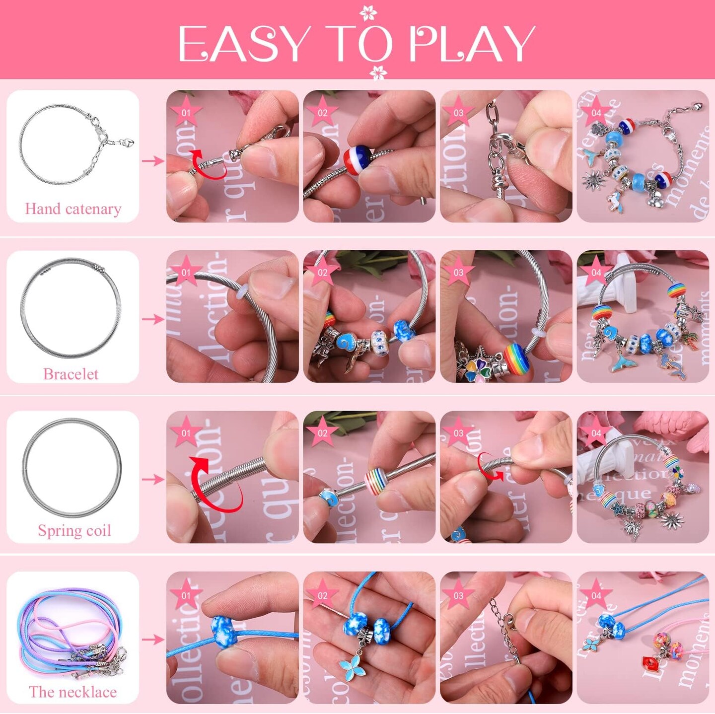 Charm Bracelet Making Kit &#x2013; 72-Piece Unicorn &#x26; Mermaid Jewelry Craft Set for Girls Aged 5-12 (Rose)