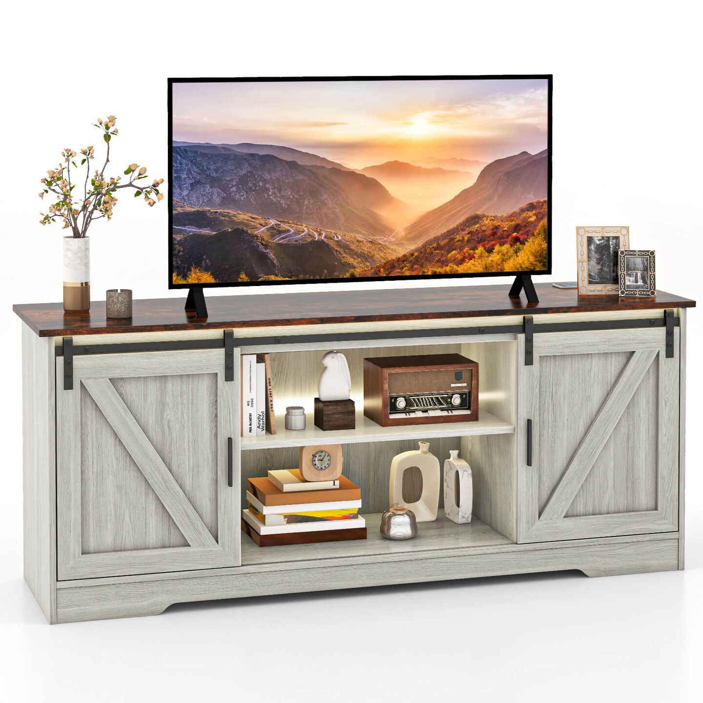 Costway TV Stand for 65” TVs with LED Lights Adjustable Brightness Human Induction Brushed White/Grey