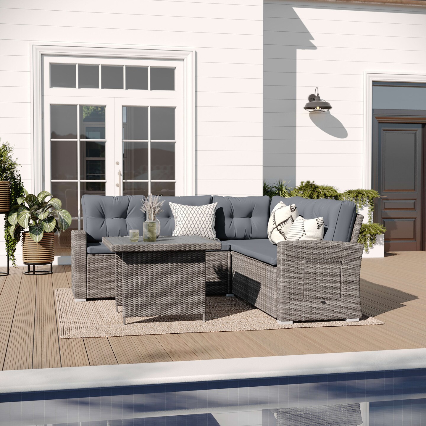 Merrick Lane Shelton Indoor/Outdoor L-Shaped Sofa/Dining Table Conversation Set with Wicker Rattan Construction and Weather-Resistant Cushions