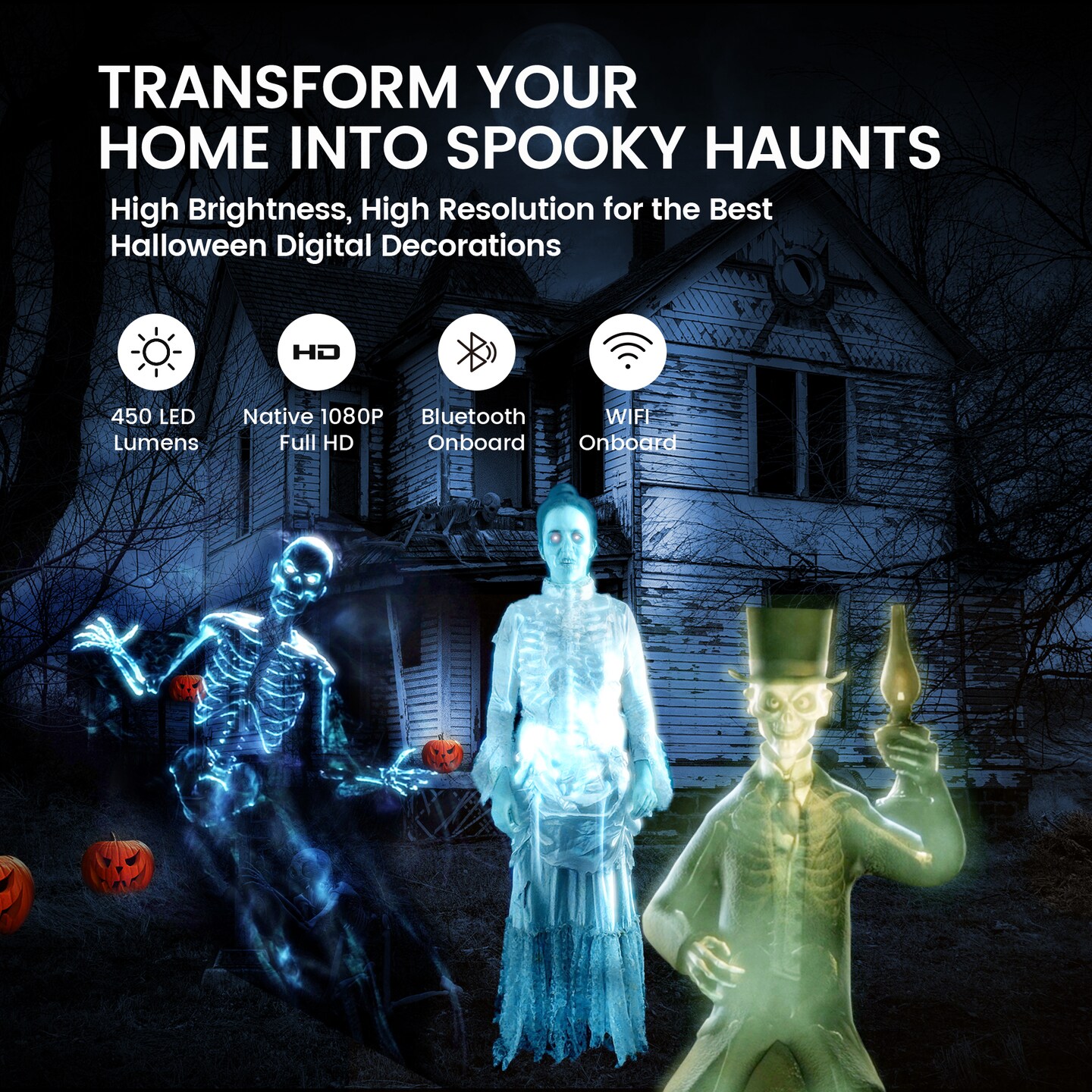 AAXA HP4 Halloween Projector for Haunted Windows, Auto-Start, Holographic Projections, Wireless Mirroring, HD 1080p LED Portable Projector with 8 Pre-Loaded Hologram Movies, Built-in Speaker