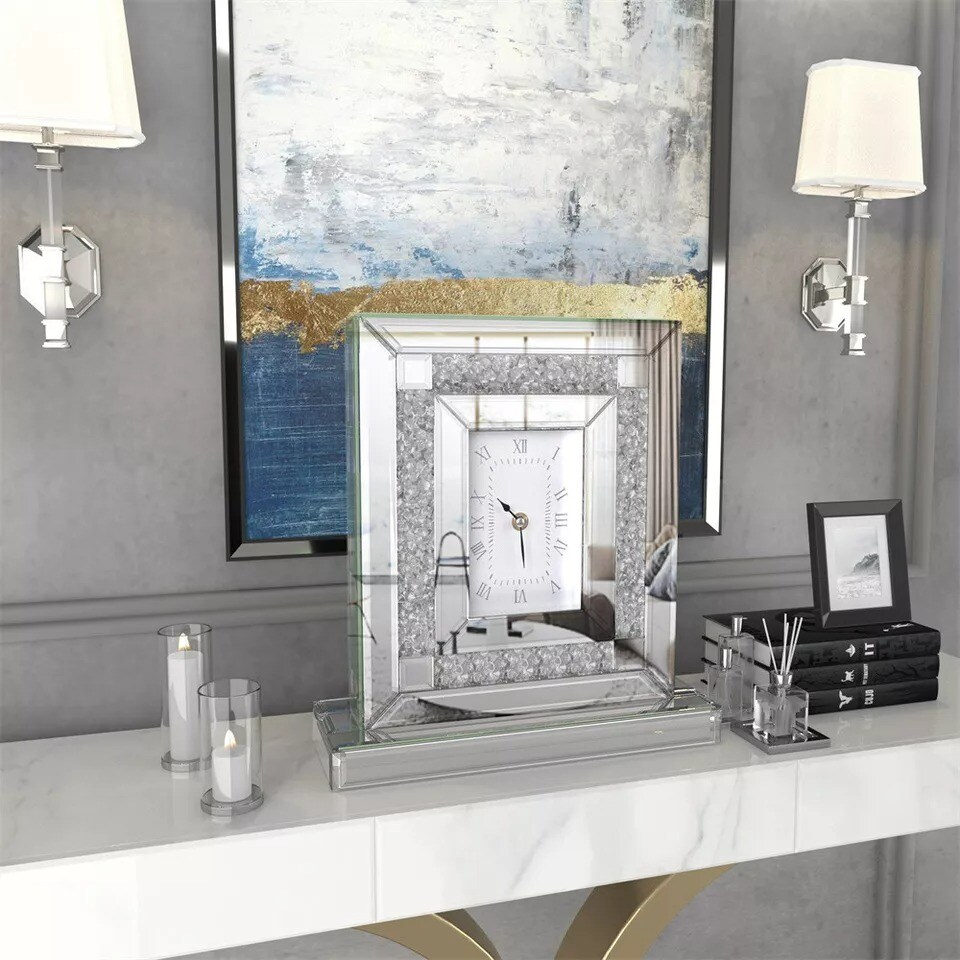 Crushed Diamond Table Clock w/ Quartz Movement Mirrored Desk Mantel Clock Silver