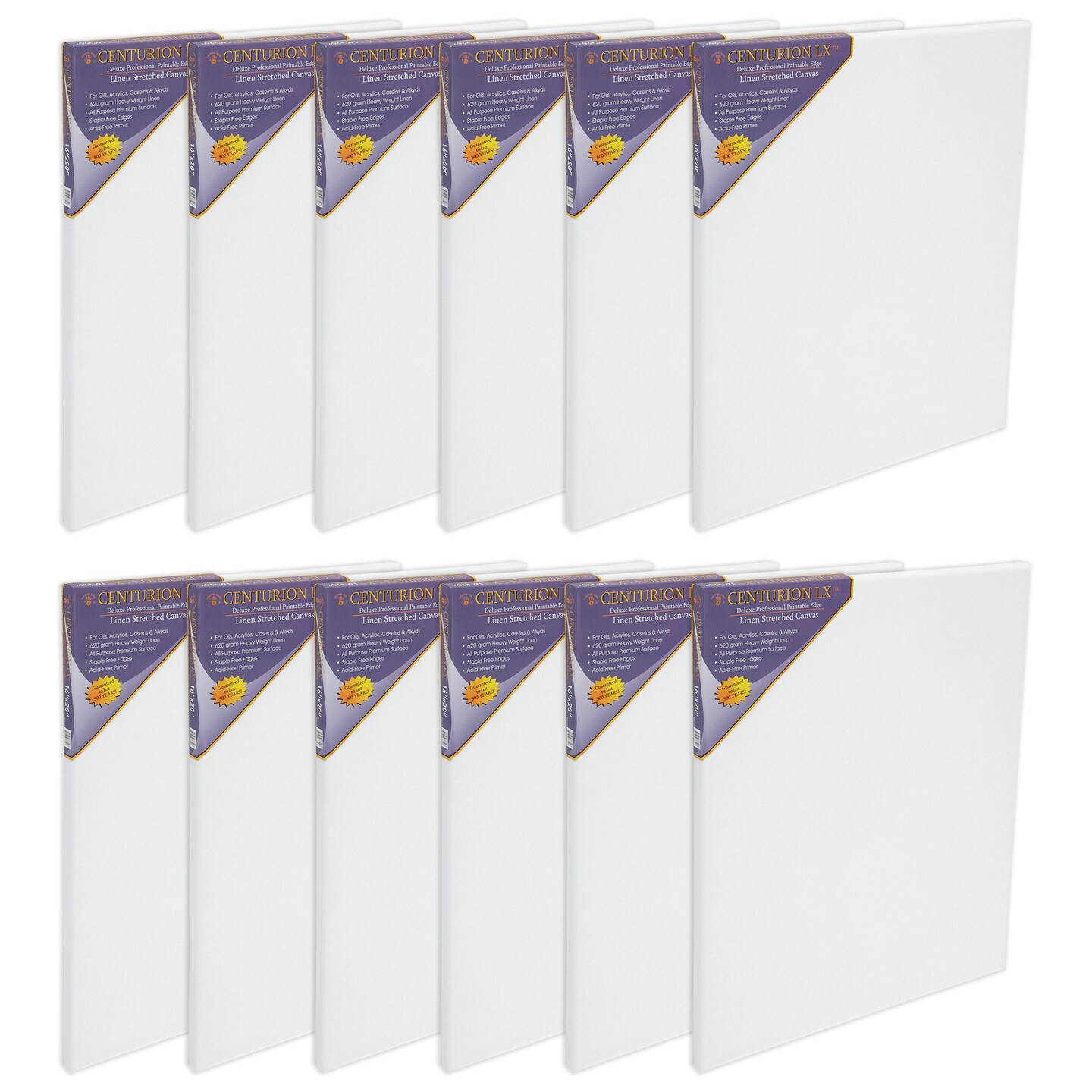 Centurion LX Acrylic Triple Primed Linen Stretched Canvas for Painting, 3/4" Deep, 12 Pack - Acid-Free 11 oz Linen Canvas For Artists, Beginners, Professionals - Universally Primed
